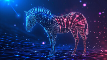 A futuristic sports analytics icon linked to a glowing zebra, symbolizing online platforms studying movement patterns in herds. 
