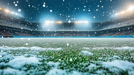 Snowy stadium view with field, lights, and bleachers.