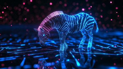 A futuristic sports analytics icon linked to a glowing zebra, symbolizing online platforms studying movement patterns in herds. 