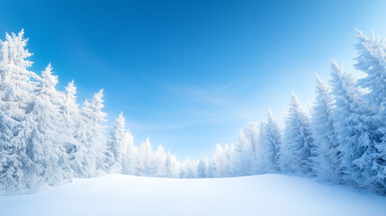 Fototapeta premium Snowy forest landscape under a bright blue sky