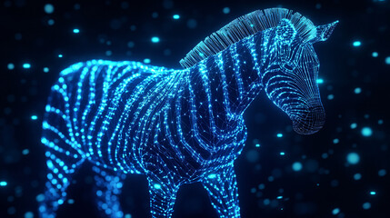 A futuristic sports analytics icon linked to a glowing zebra, symbolizing online platforms studying movement patterns in herds. 