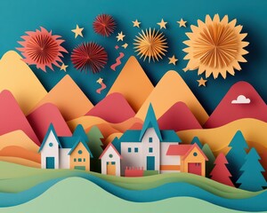 Fototapeta premium Layered papercut fireworks exploding over a tranquil origamistyle town, symbolizing New Year joy, origami Papercut, holiday celebrations