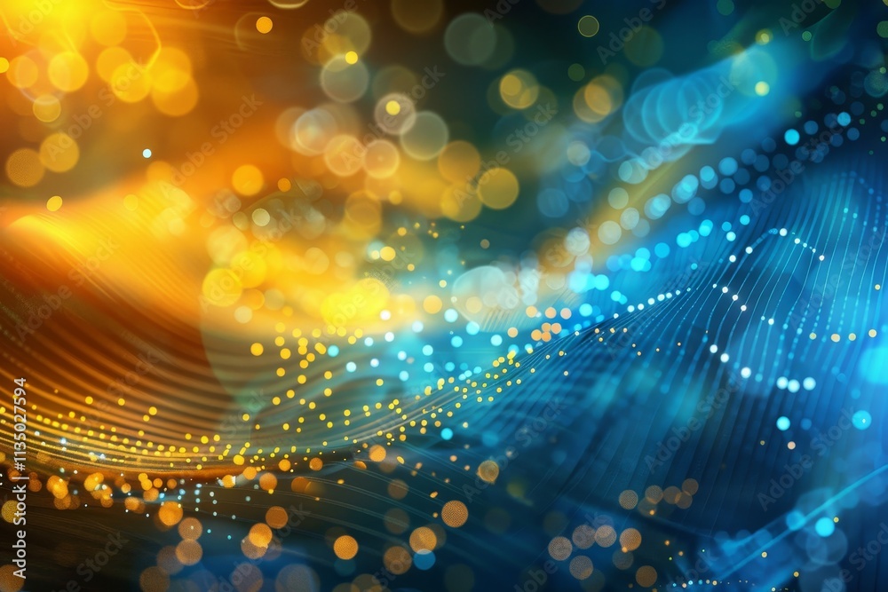 Poster colors intertwine in a dynamic display, with blue and orange forming soft waves and bokeh effects, c