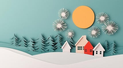 Naklejka premium Layered papercut meadow under fireworks with tiny origami houses celebrating New Year s Eve, origami Papercut, holiday charm