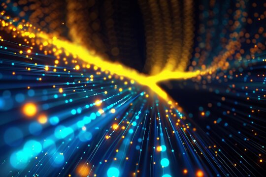 Bright particles of light flow and swirl in an abstract pattern, creating a dynamic visual effect reminiscent of digital art design.