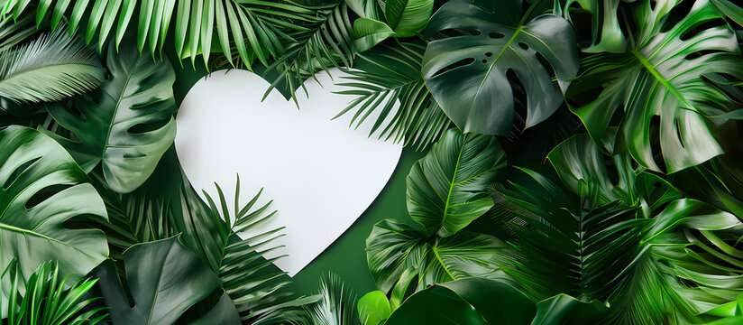 Heart of Paradise: Lush tropical foliage frames a pristine white heart, creating a vibrant and evocative image symbolizing love, nature, and tranquility. 