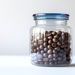 A clear jar filled with rich, dark coffee beans sits elegantly against a simple backdrop
