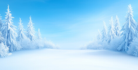 Fototapeta premium Winter landscape featuring snow-covered trees and blue sky