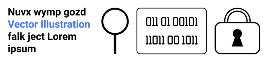 Magnifying glass, binary code, lock portraying data analysis, encryption, security. Ideal for cybersecurity, data protection, encryption, security services software development IT education