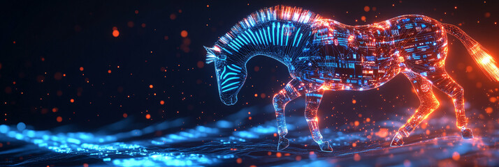 A futuristic sports analytics icon linked to a glowing zebra, symbolizing online platforms studying movement patterns in herds.  