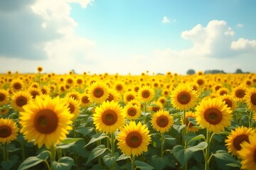 Fototapeta premium A sprawling sunflower field in full bloom under a bright summer sky.