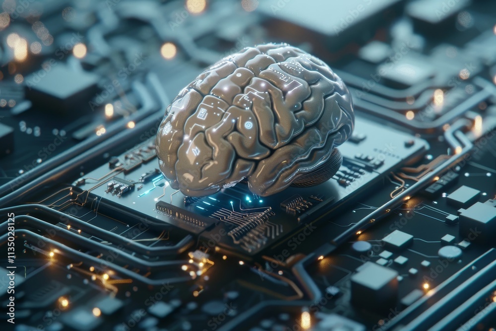 Poster this visual depicts a metallic brain resting on a microchip, illustrating the merging of neuroscienc