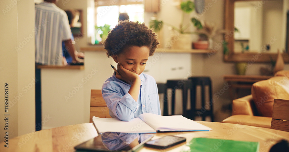 Poster Student, boy and homework with thinking in home for problem solving, learning development and education. Black child, books and studying at dining table for exam knowledge and assignment solution