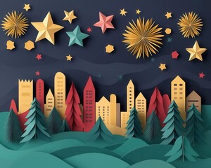 Obraz premium Folded paper starburst and fireworks celebrating the New Year against a dark papercut cityscape, origami Papercut, festive night