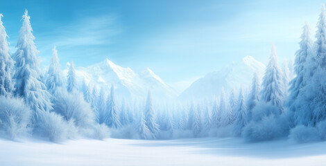 Obraz premium Snowy mountain landscape with pine trees in winter
