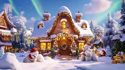 A Cozy Christmas Cottage with Polar Bears and Festive Decorations