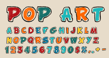 Pop Art Alphabet and Numbers Crayon Chalk Drawing Vector Set