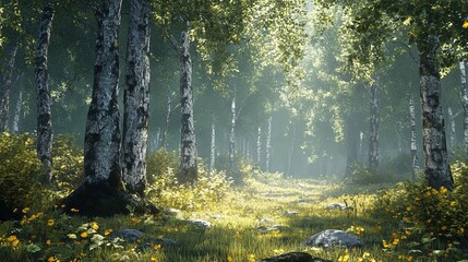 Obraz premium The sun is shining through the trees, casting a warm glow on the forest floor