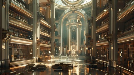 Grand, Futuristic Library with Central Clock Tower and Reflective Floor