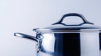 Stainless Steel Stock Pot: Close-up of a gleaming stainless steel stock pot with a sleek, modern design. Perfect for culinary blogs, recipe websites, or kitchenware advertisements.  