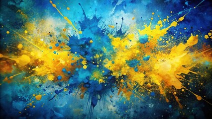Abstract Watercolor Splashes of Blue and Yellow on Textured Paper