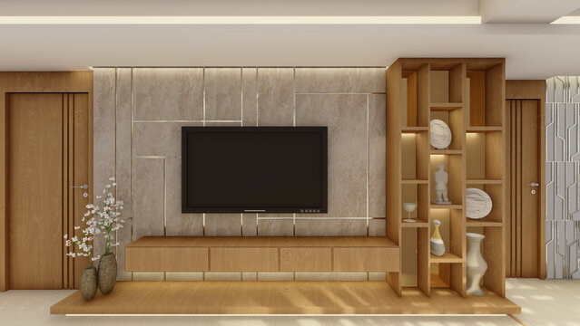 Minimalist TV Unit Design and Decorative Wall Accents in Ultra-Realistic Family Living Room