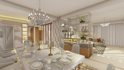 Modern Dining Room Perspective Featuring Custom Artistic Wall Decor 3D Visualization
