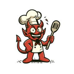 Cheerful cartoon devil chef holding a spatula, dressed in a chef hat and jacket. Playful and creative mascot design for food branding or cooking themes. Isolated vector illustration.