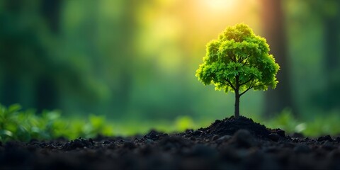 small tree growing with sunrise. green world Saving environment, save clean planet, ecology concept for World Earth Day eco earth day with copy space