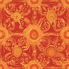 A vibrant red and gold patterned design featuring circular motifs and intricate, swirling details, creating a lively and decorative visual effect.