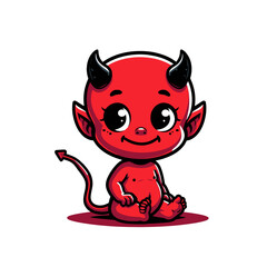 Adorable cartoon baby devil sitting with a cheerful smile, featuring horns, a tail, and red skin. A cute and playful character design for fantasy or creative projects. Isolated vector illustration.