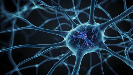  A magnified view of a neuron, illustrating its unique shape and synaptic connections.