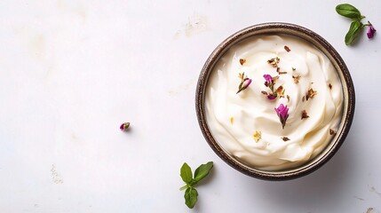 Creamy Delights: A bowl of creamy, textured dip or sauce, garnished with delicate purple flowers and fresh herbs.  A top-down view showcases its smooth consistency and vibrant colors. 
