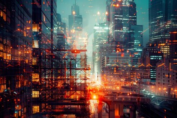 Obraz premium The urban landscape comes alive at night with illuminated skyscrapers, active construction sites, and bustling city lights creating a dynamic atmosphere.