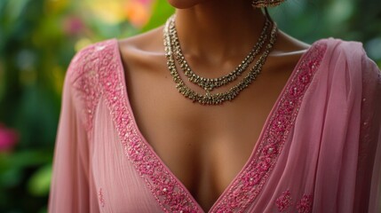 Woman wearing a pink embroidered dress and a beautiful necklace