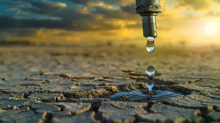 Last Drops of Hope: A single water droplet drips from a rusted tap onto parched, cracked earth, symbolizing the fragility of our planet's resources and the urgency for conservation.