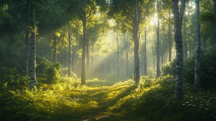 Obraz premium The sun is shining through the trees, casting a warm glow on the forest floor