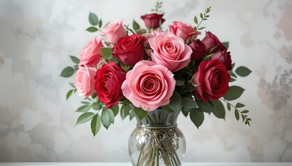 Obraz premium Beautiful rose bouquet in a glass vase, vibrant and romantic mood, watercolor style, floral arrangement 