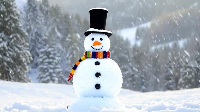 Cheerful Snowman in Snowy Scene &ndash; A friendly snowman with a top hat and scarf standing in a snowy winter landscape. Snow Covered Trees in Background.