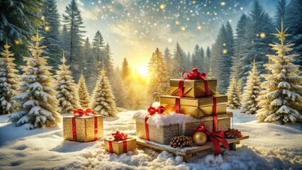 Golden Christmas presents piled high on a wooden sled amidst a snow-covered forest with twinkling lights and a vibrant sunrise.