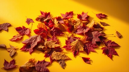 A symphony of autumn leaves in vibrant hues of red, orange, and yellow, scattered gracefully on a bright yellow background, bathed in the warm glow of sunlight.