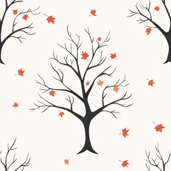 Fototapeta premium A minimalistic pattern featuring black trees with sparse branches and scattered orange leaves on a light background.