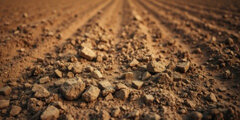 A close-up perspective of freshly tilled earth, revealing the texture of the soil and the scattered rocks, capturing the essence of a field ready for planting.