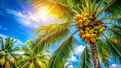 Fototapeta premium Lush Coconut Tree with Ripe Coconuts on the Left, Natural Background with Abundant Greenery and Clear Blue Sky, Perfect for Tropical and Summer Themes, Copy Space Available