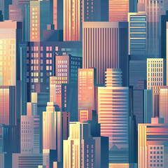 A vibrant cityscape with various skyscrapers in shades of blue, purple, and pink, creating a modern urban atmosphere.