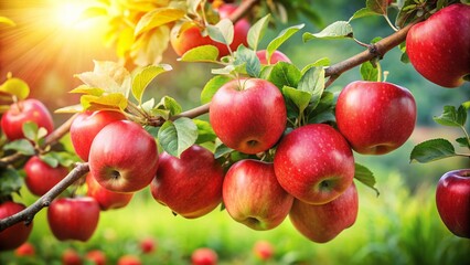 Obraz premium Lush Garden Scene Featuring Ripe Juicy Red Apples Hanging on Branches Surrounded by Vibrant Green Leaves, Capturing Nature's Bounty in Close-Up Detail