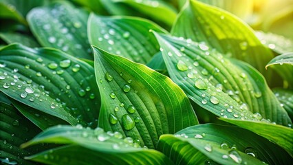 Obraz premium Lush Green Hostas with Dew Drops: A Close-Up View of Water Droplets on Vibrant Leaves with a Beautiful Bokeh Background Enhancing Nature's Refreshing Beauty and Serenity
