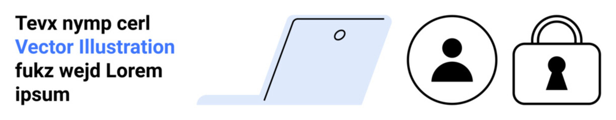 Laptop illustration next to user profile and security lock icons. Placeholder text. Ideal for web design, digital identity, data security, user experience, user interface, technology, and online