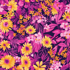 A vibrant floral pattern featuring bright yellow and pink flowers against a dark background, highlighting a lush and colorful botanical scene.