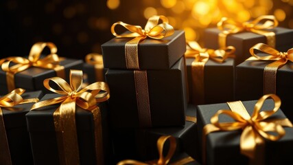 Elegantly Wrapped Black Gift Boxes Adorned With Golden Ribbons and Bows, Set Against a Warm, Festive Background